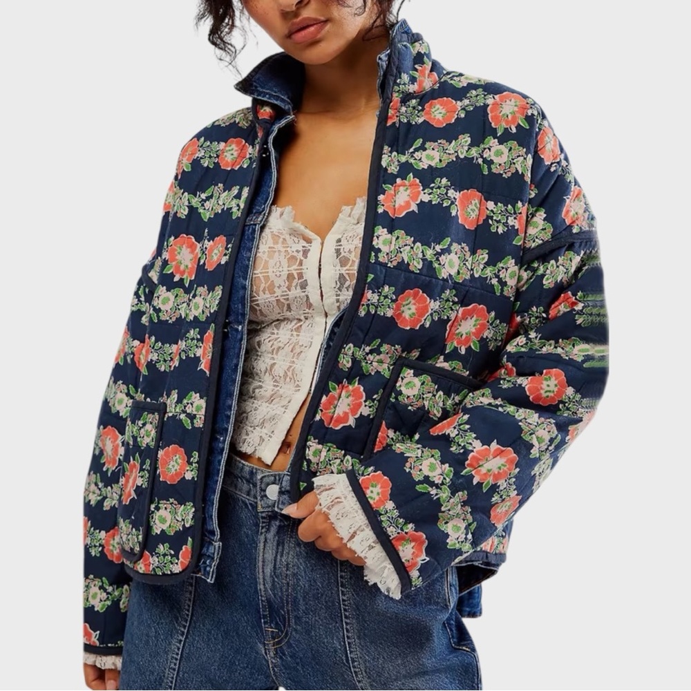 Navy Blue Floral Quilted Jacket New Without Tags